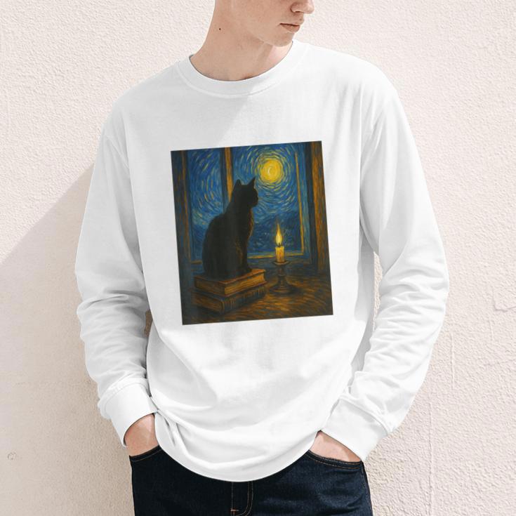 Van Gogh Starry Night Art Cat And Book Lovers Youth Long Sleeve Tee