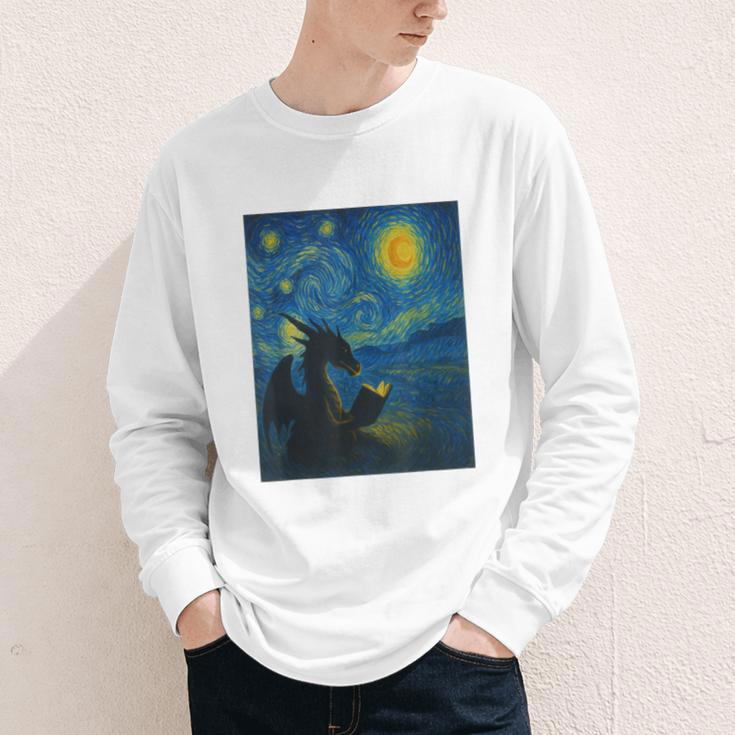 Van Gogh Starry Night Fantasy Reader Dragon Reading Book Youth Long Sleeve Tee