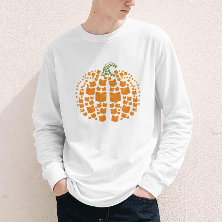 Vintage Book Pumpkin Autumn Fall Librarians Bookworm Teacher Youth Long Sleeve Tee