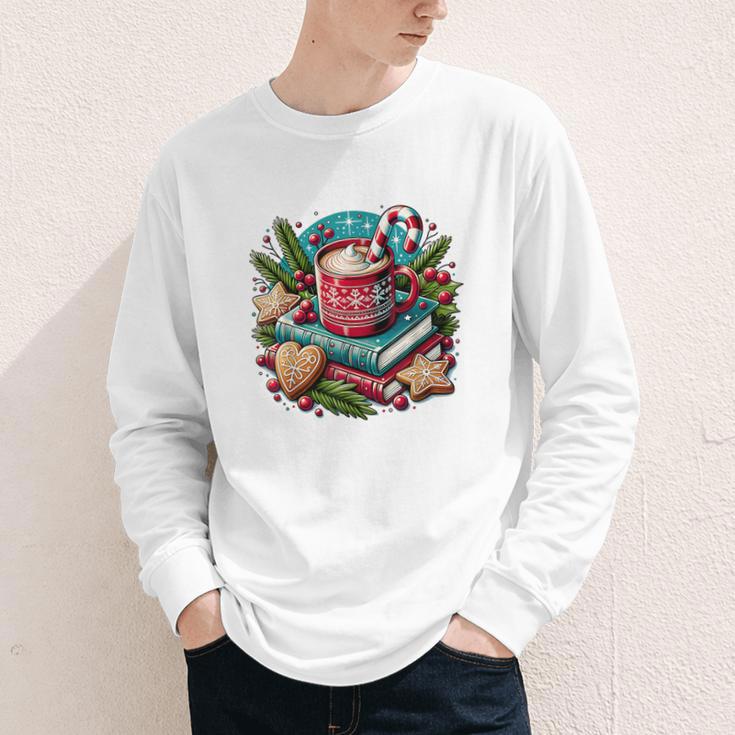 Vintage Cozy Winter Hot Cocoa Books Gingerbread Book Lovers Youth Long Sleeve Tee