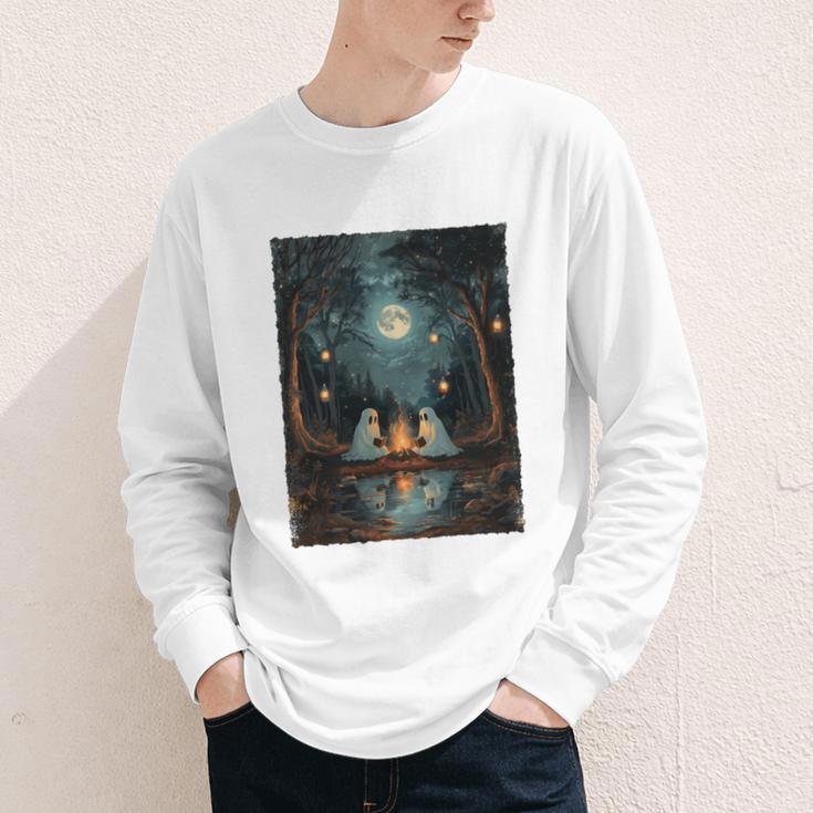 Vintage Ghost Book Reading Camping Gothic Halloween Teachers Youth Long Sleeve Tee
