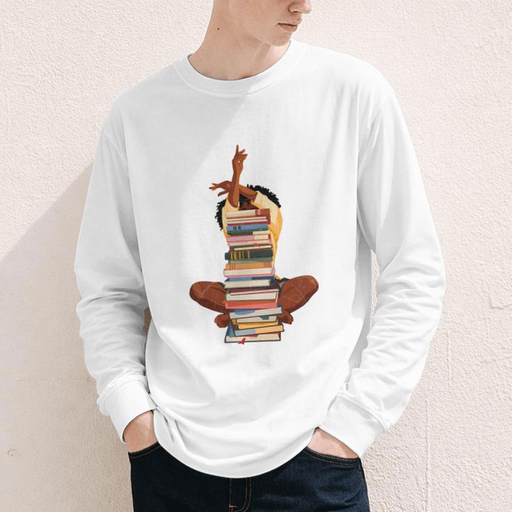 Woman And Books Stack Afro Girl Book Lover Youth Long Sleeve Tee
