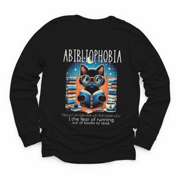 Abibliophobia Cat Reading Bookworm Reader Nerd For Men Women Girls Kids Youth Long Sleeve Tee