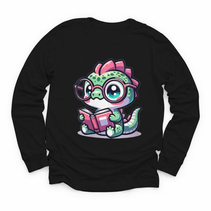 Adorable Book Lover Basilisk With Reading Glasses Cute Youth Long Sleeve Tee