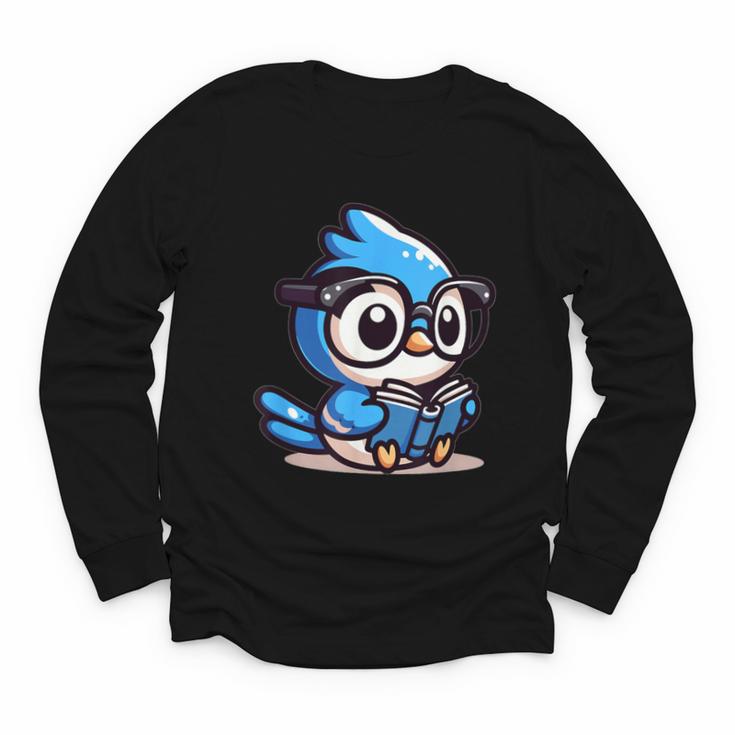 Adorable Book Lover Blue Jay With Reading Glasses Cute Youth Long Sleeve Tee