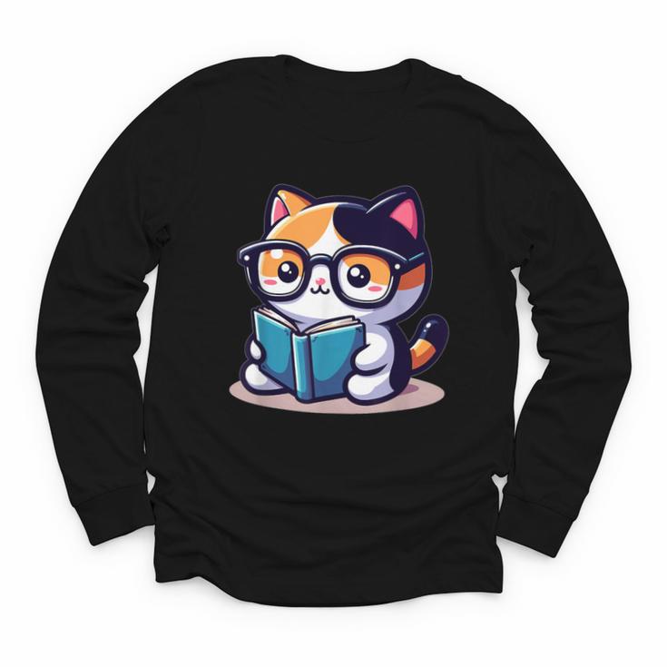 Adorable Book Lover Calico Cat With Reading Glasses Cute For Men Women Kids Youth Long Sleeve Tee