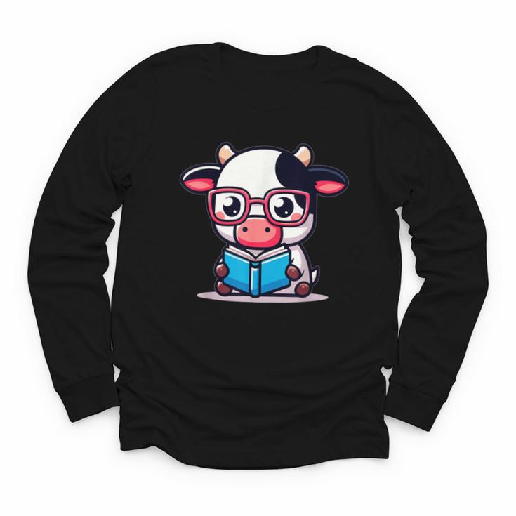 Adorable Book Lover Cow With Reading Glasses Cute Youth Long Sleeve Tee