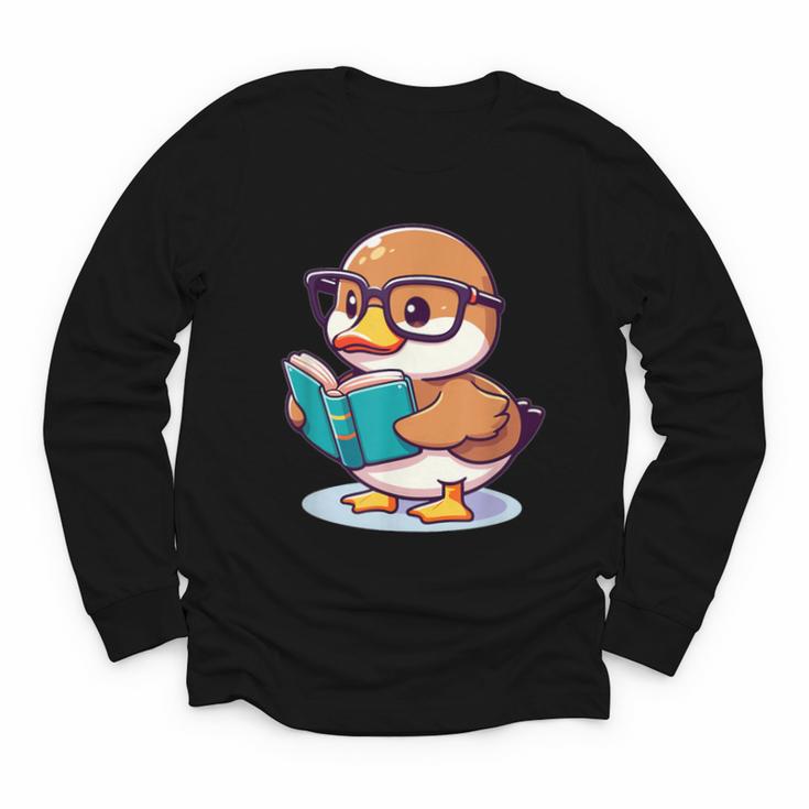 Adorable Book Lover Mallard Duck With Reading Glasses Cute Youth Long Sleeve Tee