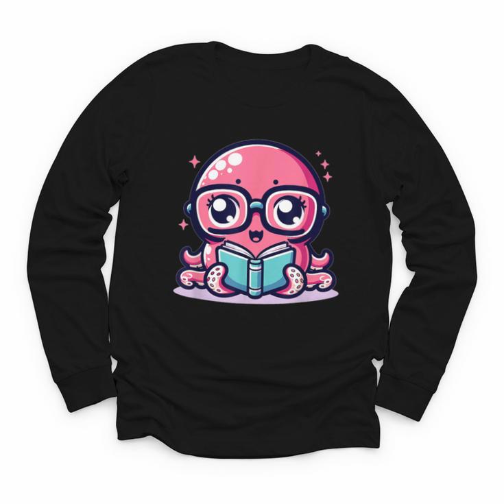 Adorable Book Lover Octopus With Reading Glasses Cute Youth Long Sleeve Tee