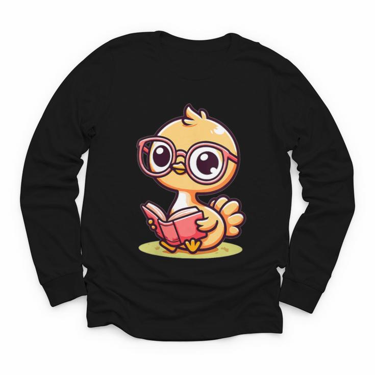 Adorable Book Lover Ostrich With Reading Glasses Cute Youth Long Sleeve Tee