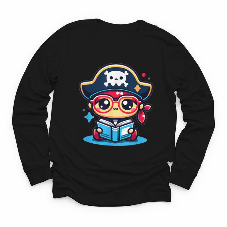Adorable Book Lover Pirate With Reading Glasses Cute Youth Long Sleeve Tee