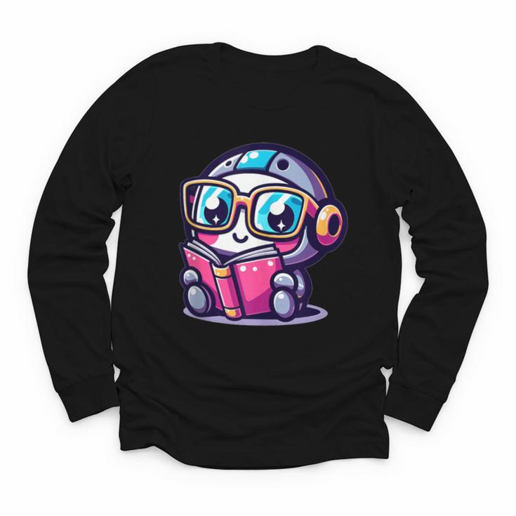 Adorable Book Lover Robot With Reading Glasses Cute Youth Long Sleeve Tee