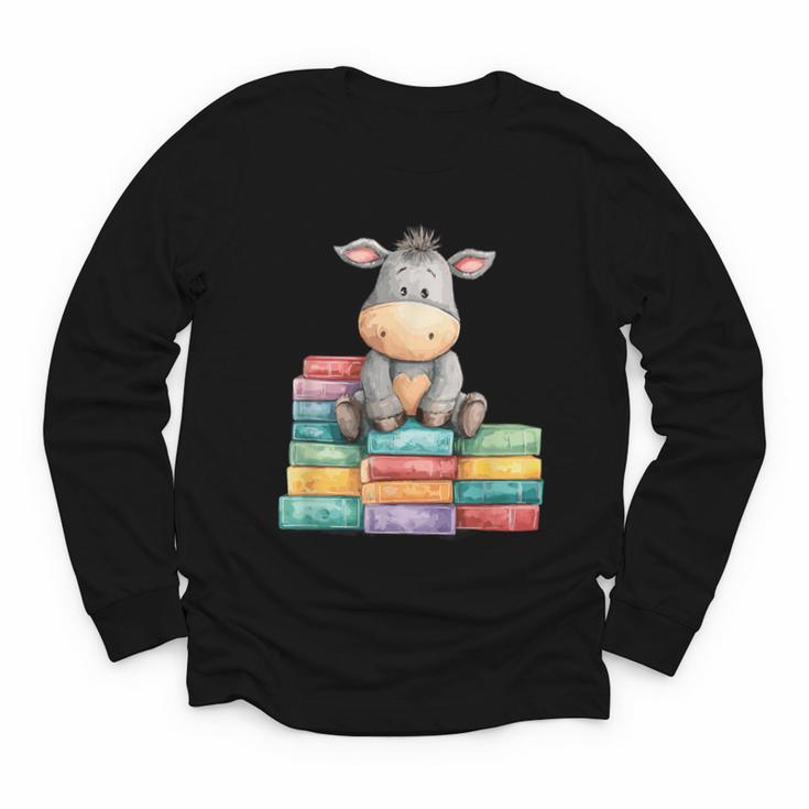 Adorable Donkey With Heart Sitting On Colorful Book Stack Youth Long Sleeve Tee