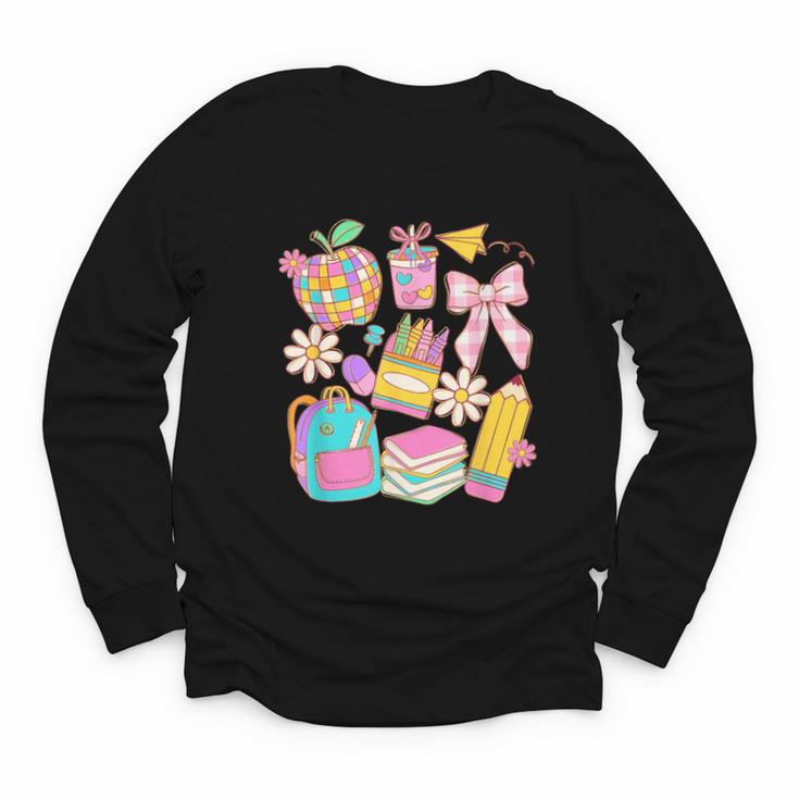 Apple Disco Pencil Books Bow Teacher Student Back To School Youth Long Sleeve Tee