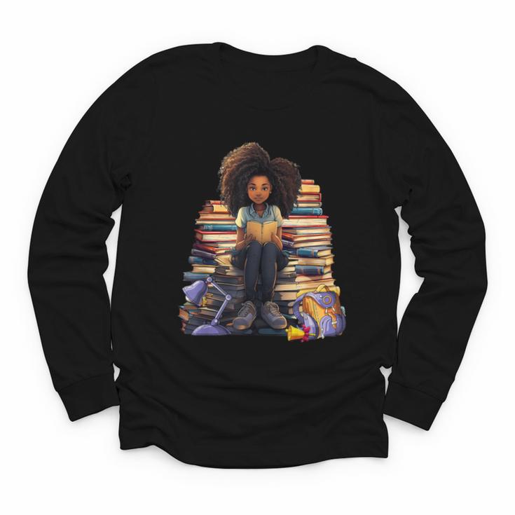 Back To School Afro Melanin Girl Reading Book Bookworm Youth Long Sleeve Tee