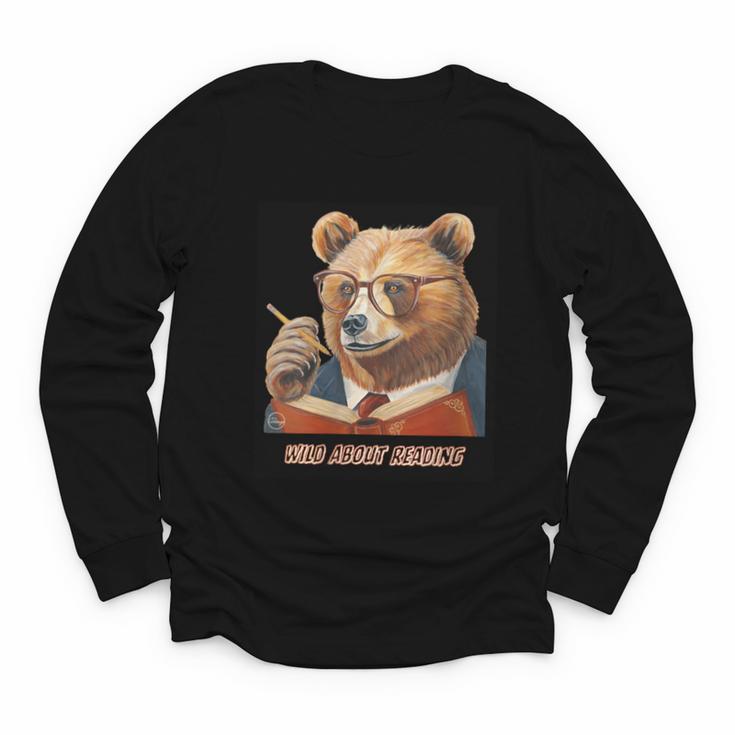 Bear Reading Book Glasses Library Zoo Teacher School Animal Youth Long Sleeve Tee