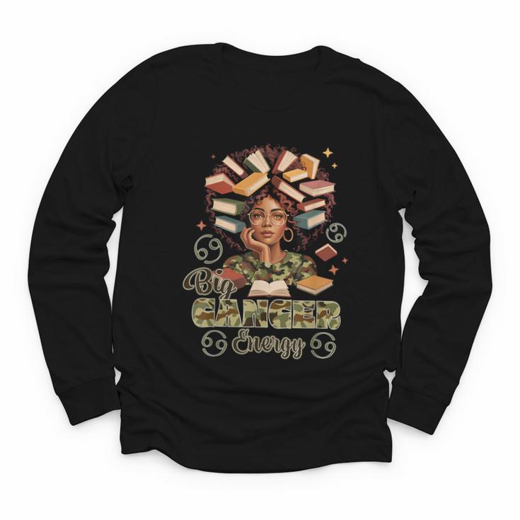 Big Cancer Energy Woman Camo Zodiac Book Teacher Youth Long Sleeve Tee