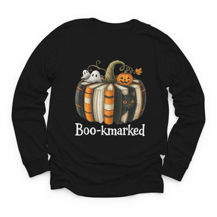 Boo-Kmarked Fall Pumpkin Books Halloween Teacher Teaching Youth Long Sleeve Tee