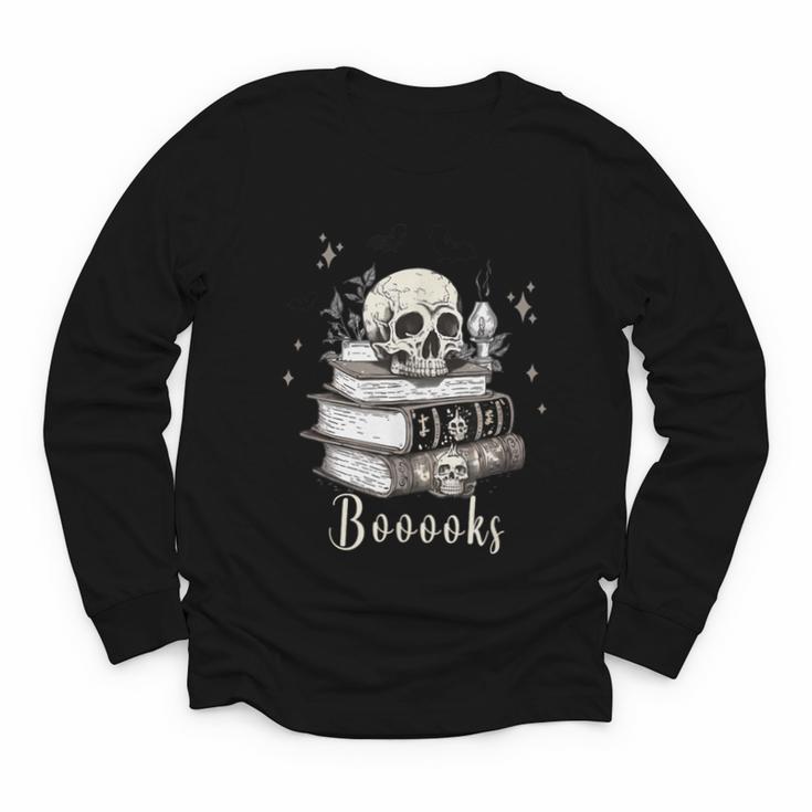 Boo Skeleton Skull Books Halloween Women School Teacher Kid Youth Long Sleeve Tee
