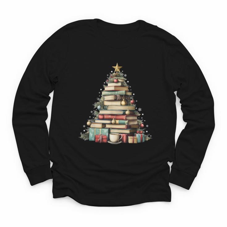 Book Christmas Tree Books Lovers Xmas Teacher Men Women Kids Youth Long Sleeve Tee