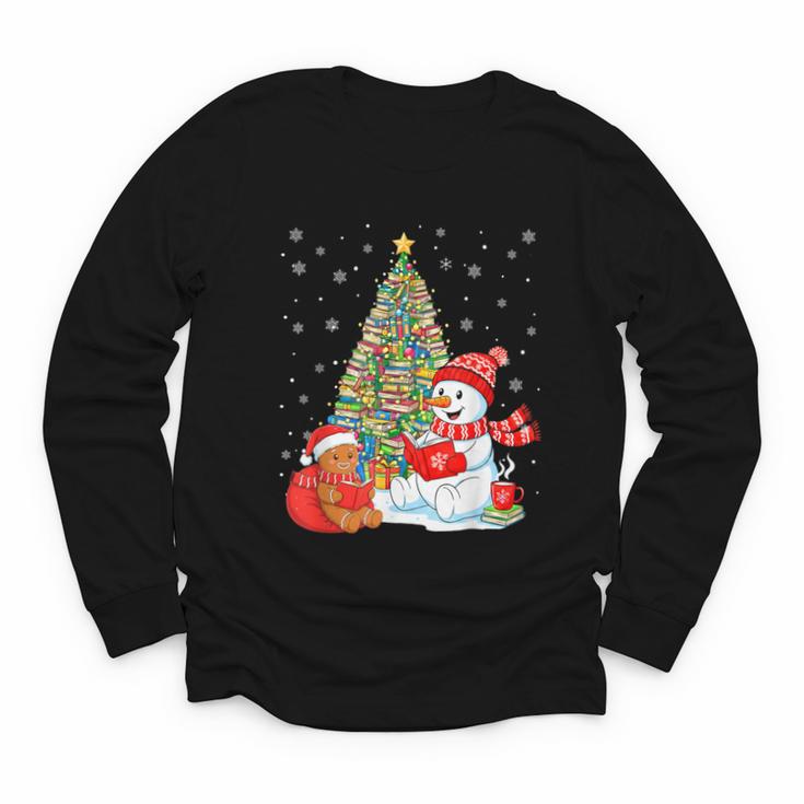 Book Christmas Tree Bookworm Gingerbread Man Snowman Reading Youth Long Sleeve Tee