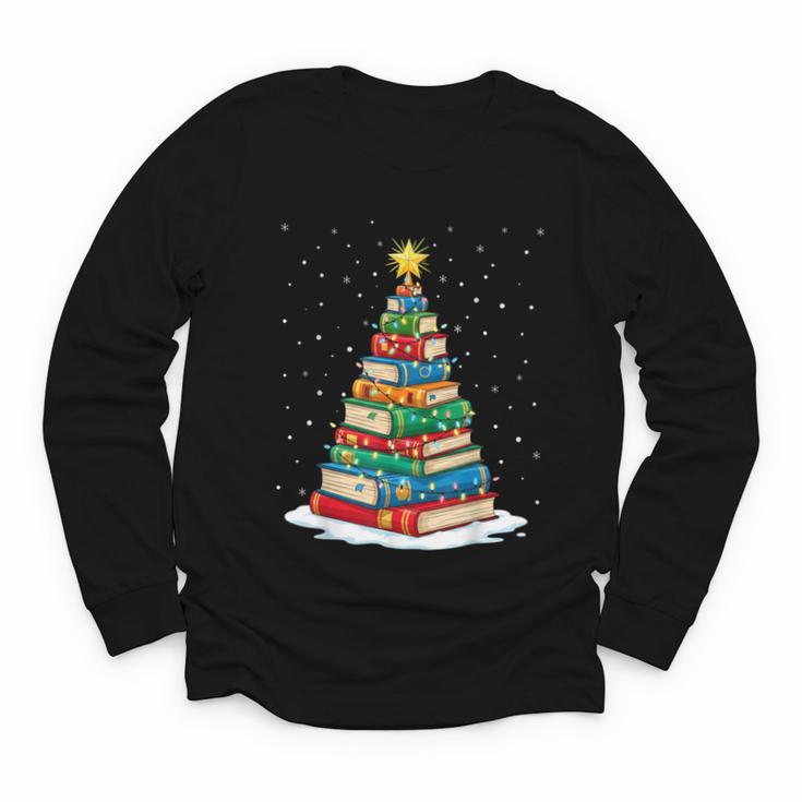 Book Christmas Tree Xmas Lights Book Lover Teacher Librarian Youth Long Sleeve Tee