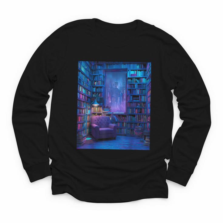 Book Library Bookshelf Armchair Window Pattern Print Youth Long Sleeve Tee