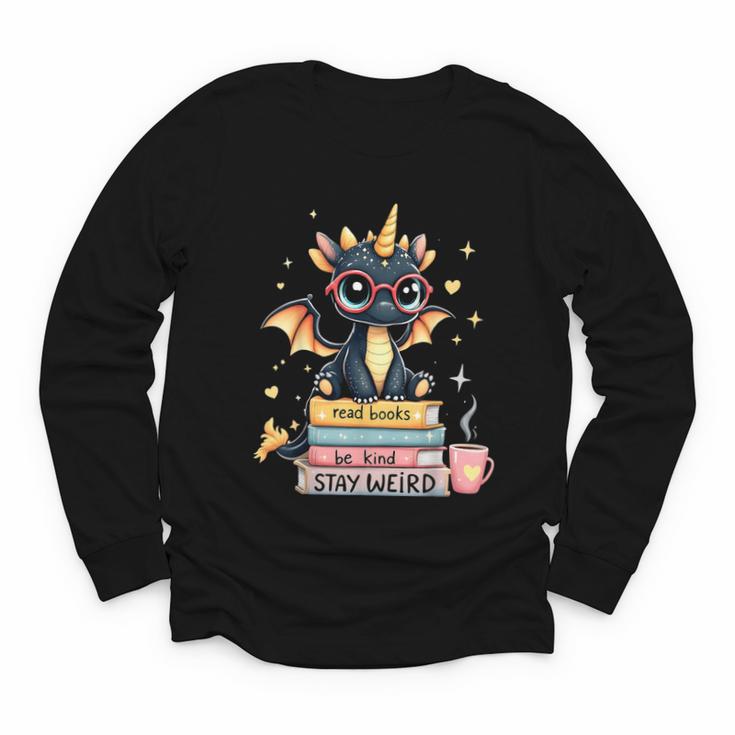 Book Lover Chibi Dragon With Big Red Glasses Bookworm Youth Long Sleeve Tee