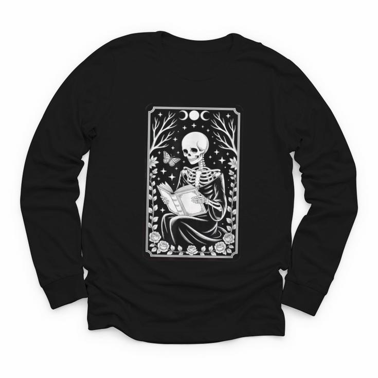 Book Lover The Reader Tarot Card Skeleton Reading Youth Long Sleeve Tee