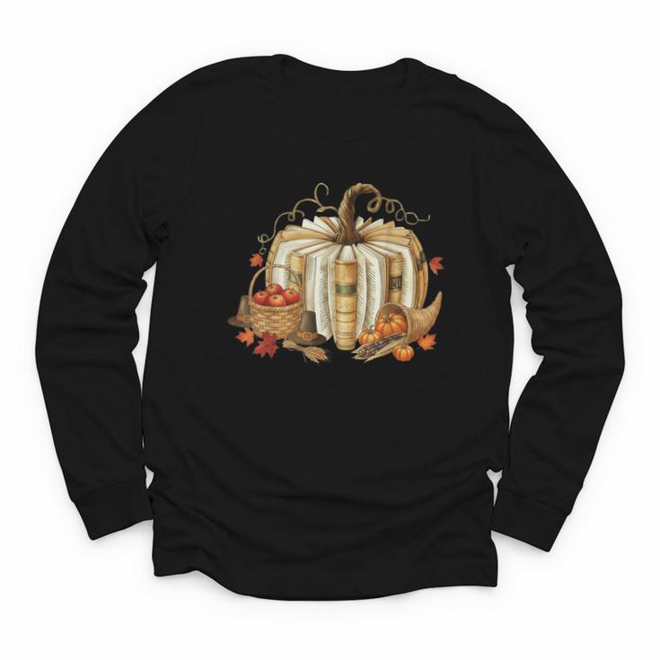 Book Pumpkin Fall Reading Thanksgiving Teacher Librarian Youth Long Sleeve Tee