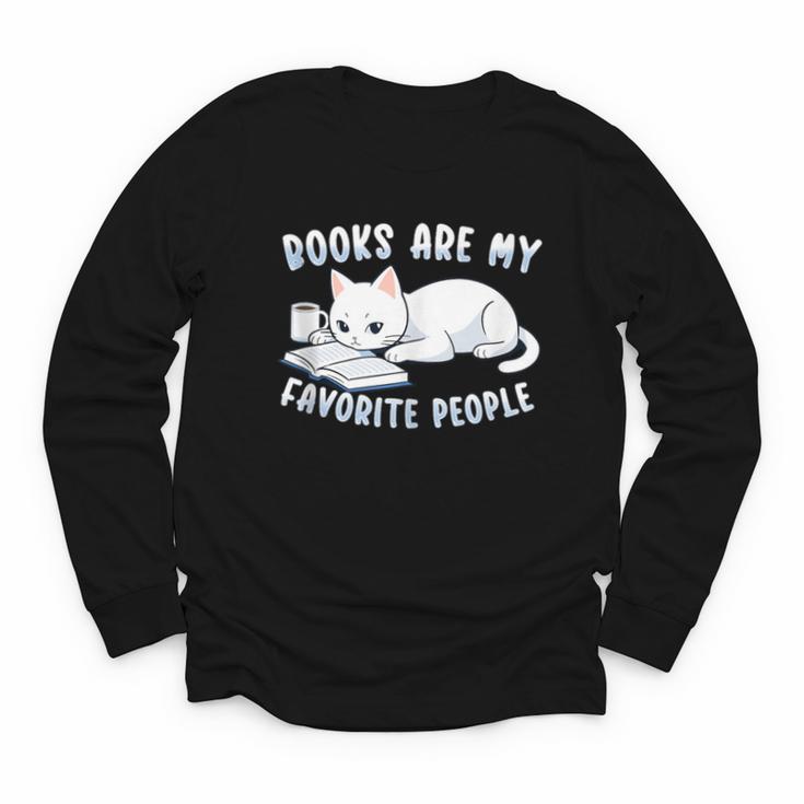 Books Are My Favorite People Cat With Coffee Mug Book Lovers Youth Long Sleeve Tee