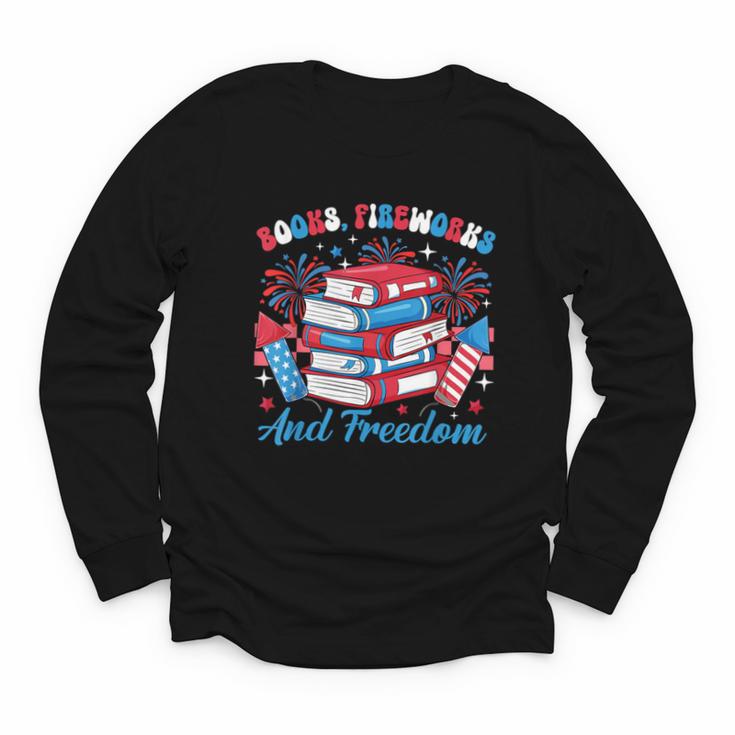 Books Fireworks And Freedom Independence Day Book Lover Youth Long Sleeve Tee
