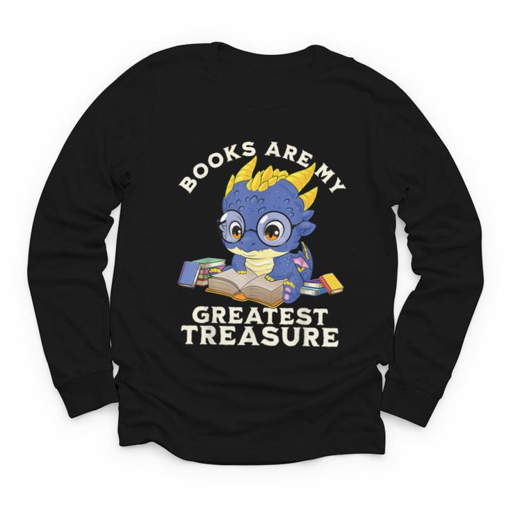 Books Are My Greatest Treasure Kawaii Dragon Reading Books Youth Long Sleeve Tee