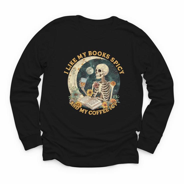 I Like My Books Spicy & My Coffee Icy Skeleton Read Book Youth Long Sleeve Tee