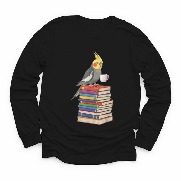 Bookworm Cockatiel Bird Reading Books Drinking Coffee Lover Youth Long Sleeve Tee
