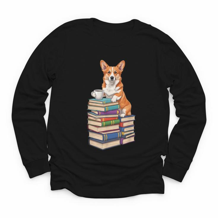 Bookworm Corgi Reading Books Drinking Coffee Dog Lover Youth Long Sleeve Tee