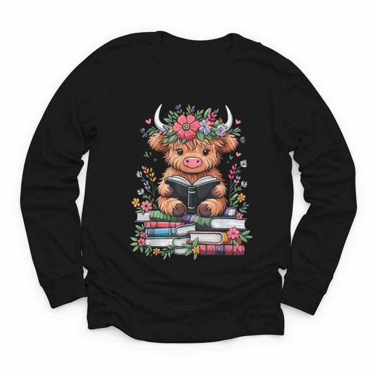 Bookworm Cute Baby Highland Cow Reading Book Youth Long Sleeve Tee