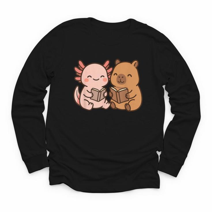 Capybara Axolotl Kawaii Kids Anime Book Lover Reading Youth Long Sleeve Tee