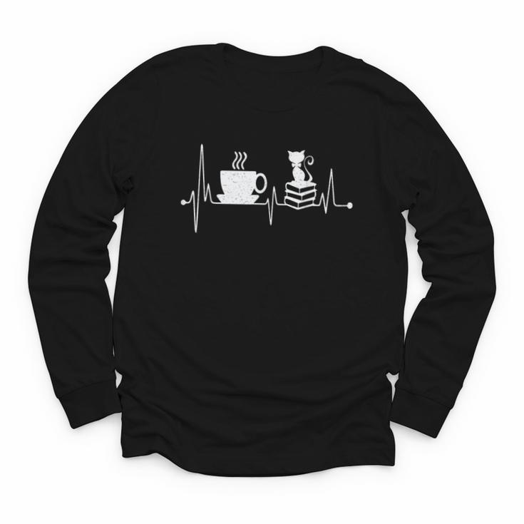 Cat Book Coffee Lover Heartbeat Cat Lover Book Lover Youth Long Sleeve Tee