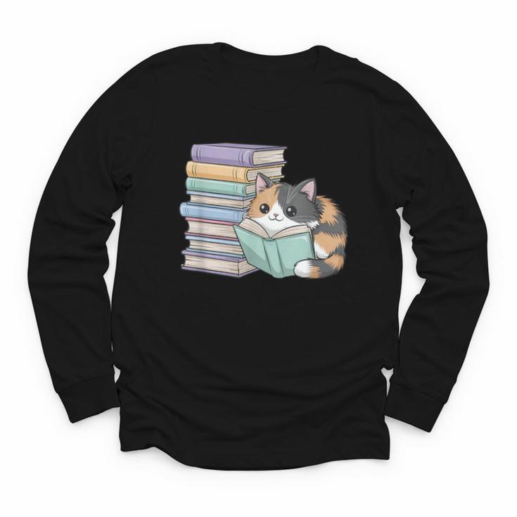 Cat On Books Pets Cats Reading Book Nerd Read Reader Bookcat Youth Long Sleeve Tee