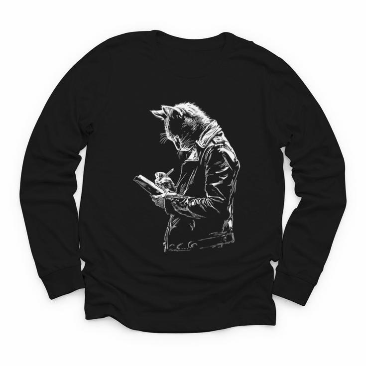 Cat Holds Book Writing Animal Print Motif Drawing Art Cat Youth Long Sleeve Tee