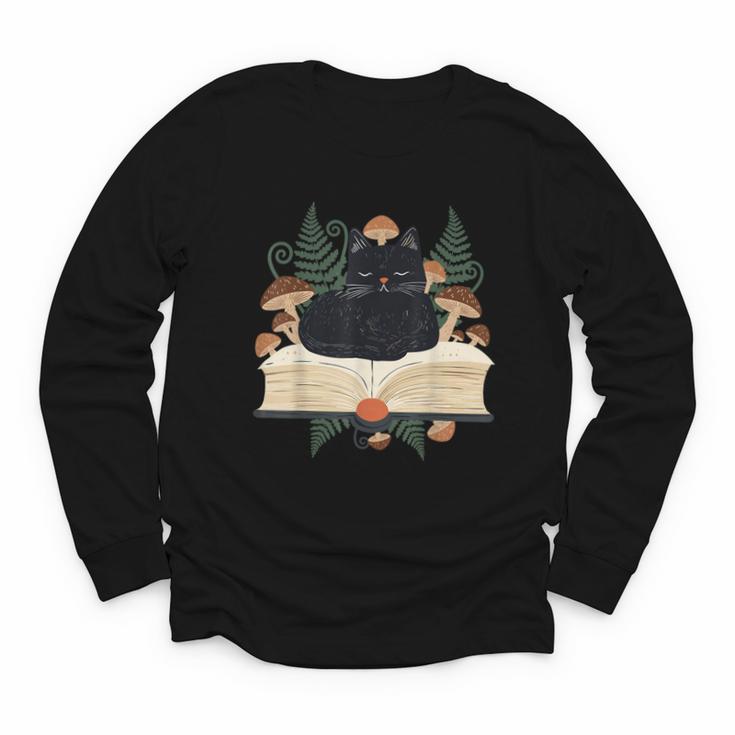 Cat On Open Book Mushrooms Ferns Dark Academia Youth Long Sleeve Tee