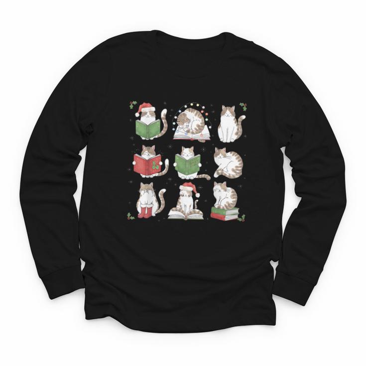 Cat Reading Book Funny Christmas Cat Book Lover Librarian Men Women Kids Youth Long Sleeve Tee