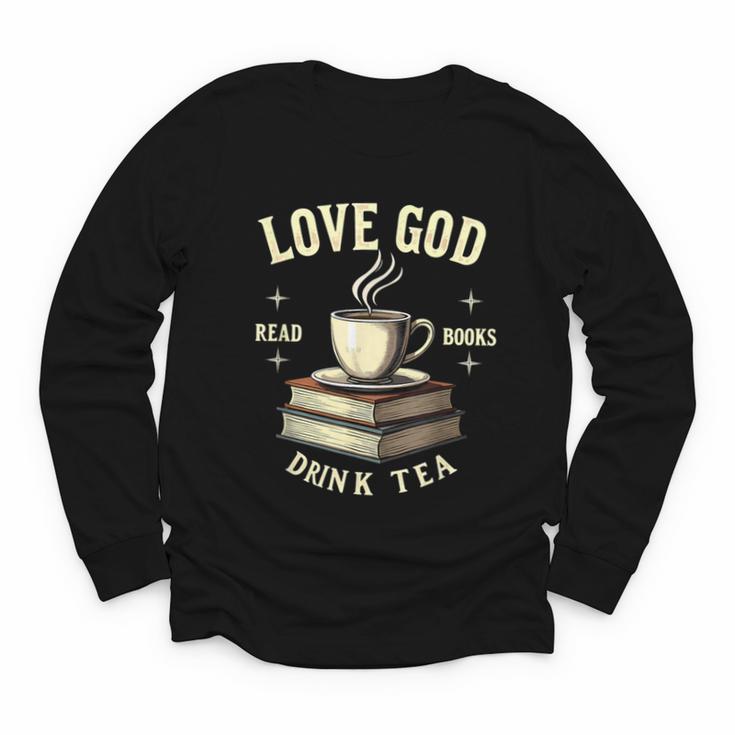 Christian Bookworm Love God Read Books Drink Tea Youth Long Sleeve Tee