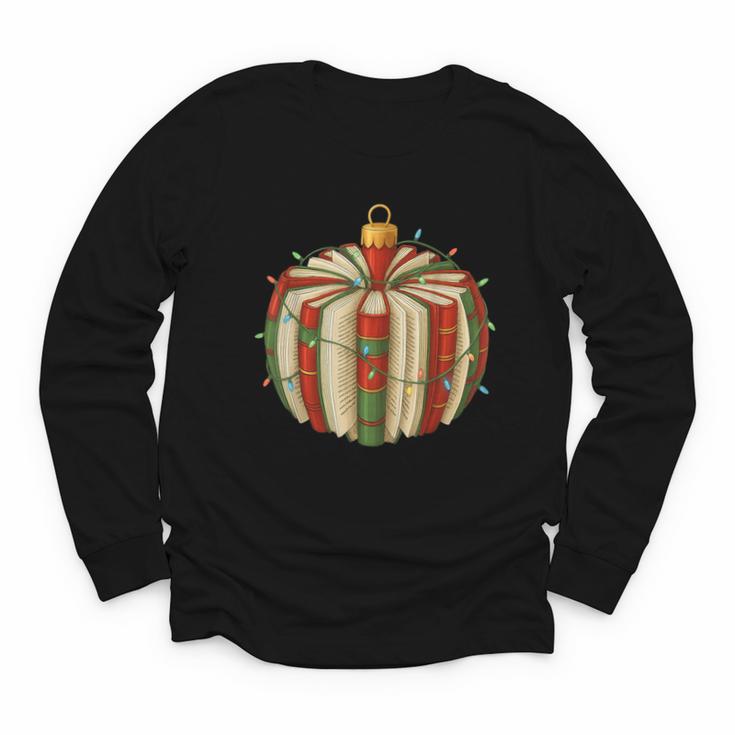 Christmas Book Ornament Lights Holiday Reading Lover Teacher Youth Long Sleeve Tee