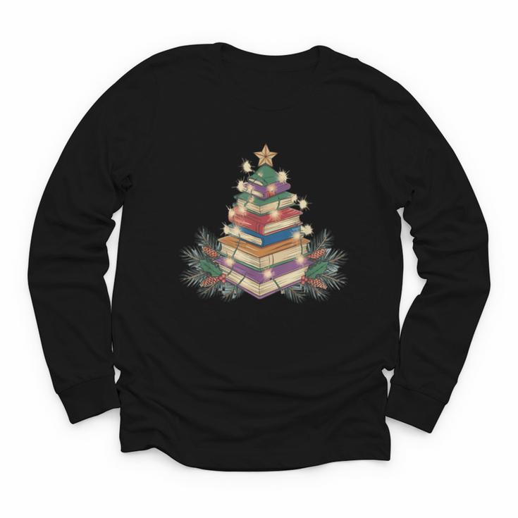 Christmas Book Reading Reader Xmas Bibliophile -Adult Christmas Tree Book Modern Youth Long Sleeve Tee