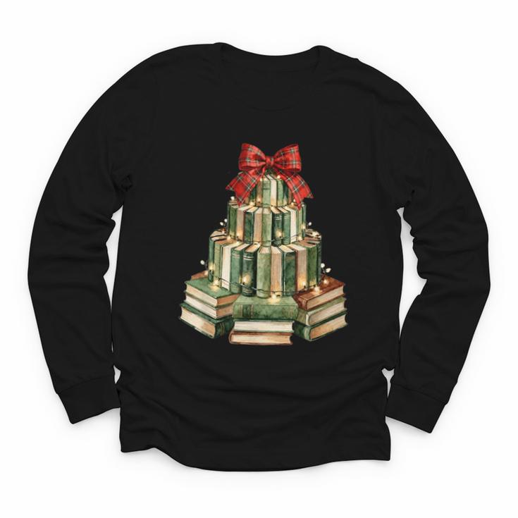 Christmas Book Tree Coquette Bow Xmas Reading Librarian Girl Youth Long Sleeve Tee