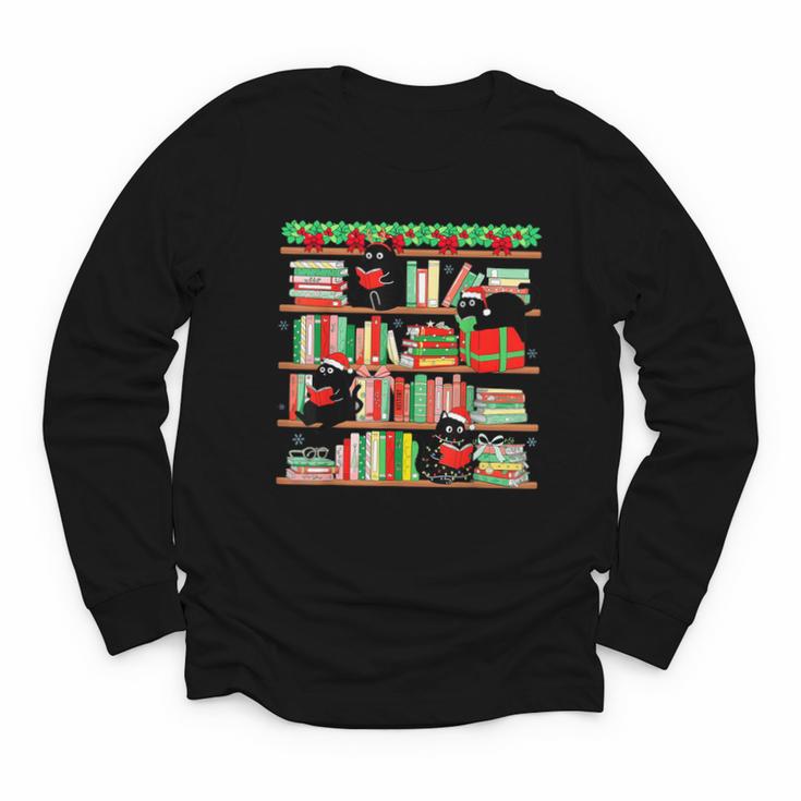 Christmas Cat Santa Bookshelves Book Lover Reader Youth Long Sleeve Tee