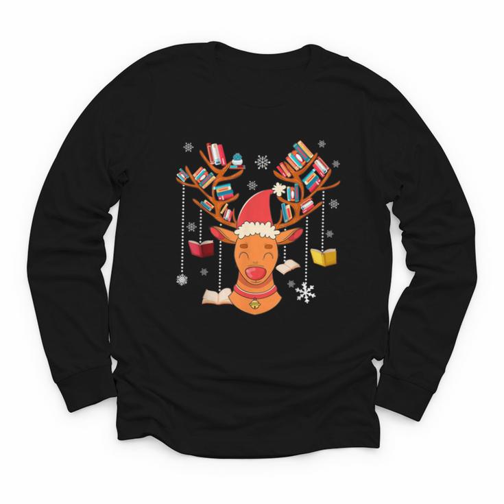 Christmas Librarian Reindeer Xmas Book Teachers Love Reading Youth Long Sleeve Tee