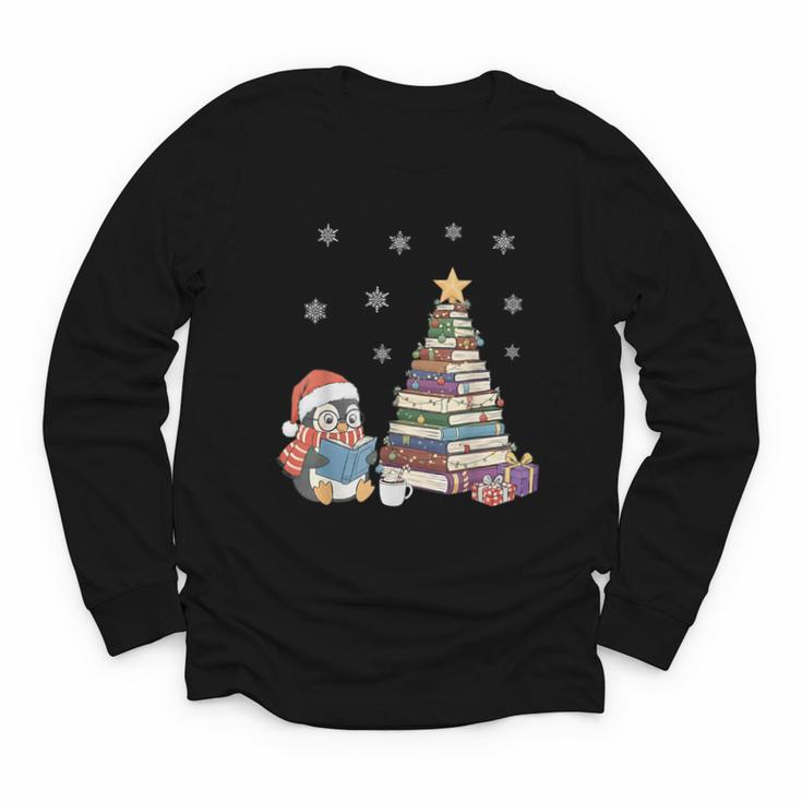 Christmas A Penguin Reading Book Snowflake Cocoa Hot Teacher Youth Long Sleeve Tee